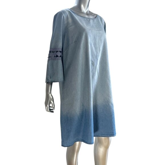 A.N.A Denim Ombre Shift Dress W/ Crochet Bell Sleeves Size 16 - Picture 5 of 8